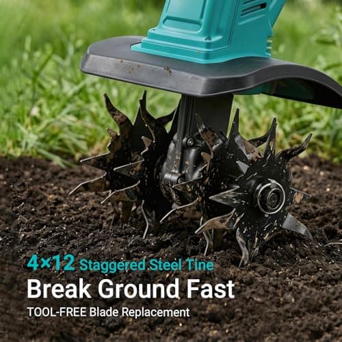 Cordless Brushless Garden Tiller Cultivator Compatible with Makita18v Battery (Tool Only), 10’’ Wide 7’’ Deep Electric Soil Rototiller, 48-Tine Mini Rotary Areator for Garden Beds & Soil Preparation - Thumbnail 2