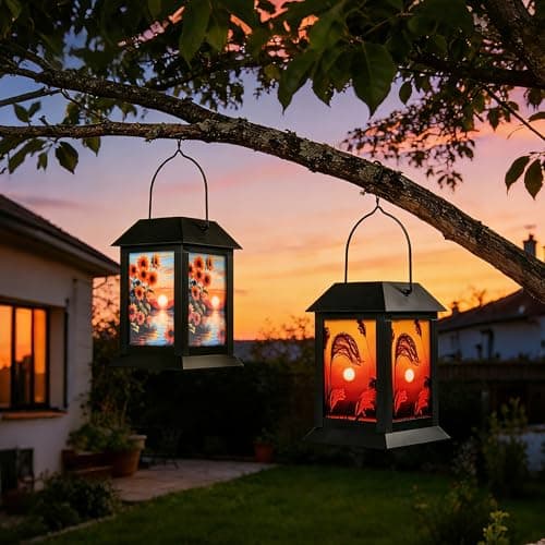 Outdoor Waterproof Solar Garden Lanterns, 2 Pack Sunflower LED Solar Lights Hanging for Patio Yard Pathway, Dusk to Dawn Solar Powered Decorative Lanterns - Thumbnail 5