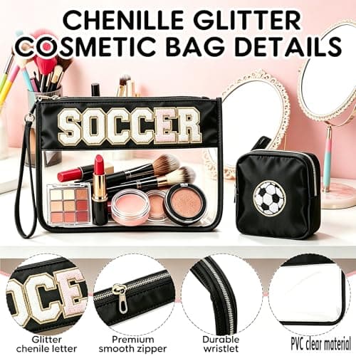 4EVERHOPE 2 Pcs Soccer Gifts Cosmetic Bags, Baseball Mom Essentials, Makeup Bag With Chenille Letters, PVC Travel Toiletry Organizer for Stadium, Sports Events, Team Gifts (Soccer-Black) - Thumbnail 3