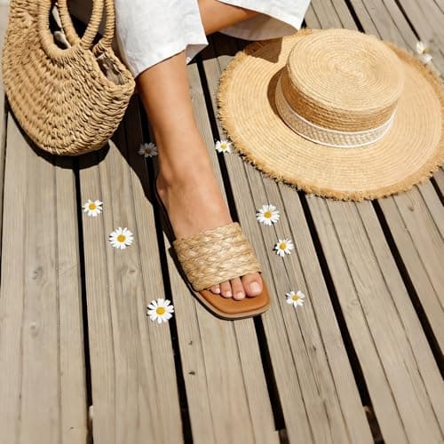 femflame Brown Women's Slide Sandals Espadrilles Flat Sandals for Women Slip on Beach Sandals Summer Casual Woven Shoes with Open Square Toe for Daily Dress Vacations Holiday - Thumbnail 2