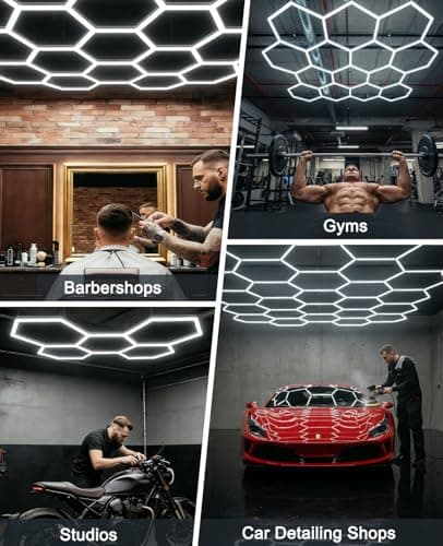 Hexagon led Lights: DIY Ceiling LED Gym Light Hexagon Garage Lights 16660LM Bigger Size for Basement Warehouse Workshop Barbershop Car Care Wash Room Auto Beauty Shop Exhibition Hall 3 Grids 6500K - Thumbnail 6