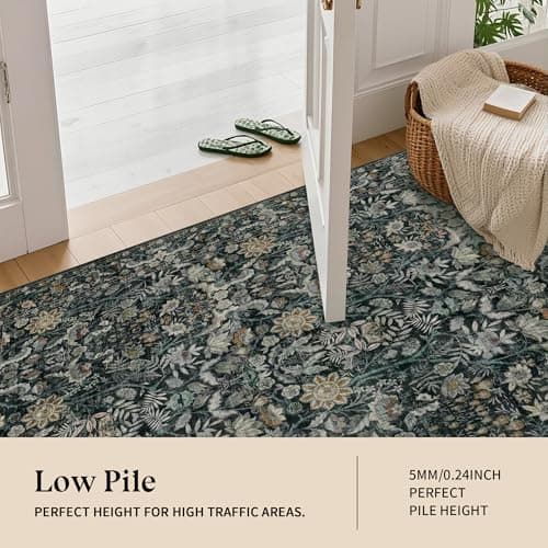 Luxcrest Green 2x8 Runner Rug: Vintage Floral Washable Rugs for Entryway Hallway Bedside Kitchen Indoor - Soft Non-Slip Stain Resistant Low Pile Carpet - Dark Green - Thumbnail 6