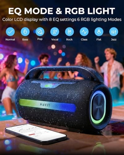 havit 120W Loud Bluetooth Speaker with Deep Bass, IPX6 Waterproof Outdoor Party Speaker, RGB Lights, 12H Playtime, TWS Pairing, Portable Speaker for Beach, Camping, Backyard - Thumbnail 5