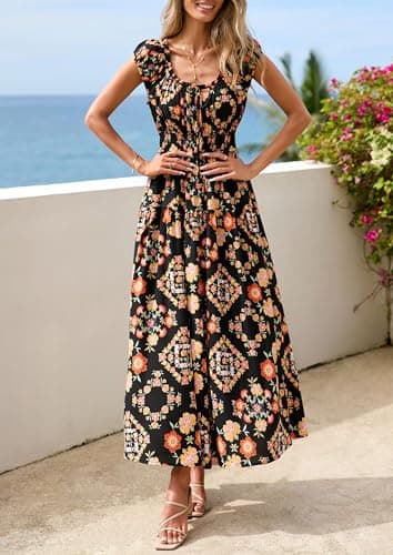 PRETTYGARDEN Boho Maxi Dresses for Women 2026 Summer Floral Wedding Guest Dress Resort Wear Spring Long Flowy Beach Sundress (Black Multicolored Floral,XX-Large) - Thumbnail 6