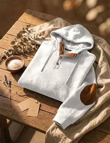 JMIERR Hoodies for men Casual Cotton Textured Long Sleeve Quarter Collar Drawstring Button Early Fall Fashion Pullover Hooded Fall Sweatshirts, S, White - Thumbnail 5