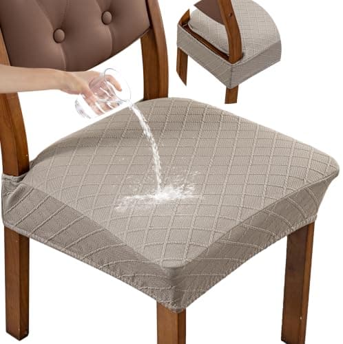 Genina Waterproof Seat Covers for Chairs,Set of 4 Dining Room Chair Seat Covers for Kitchen,Stretch Jacquard Removable Washable Dining Chair Slipcovers Protectors,No Rear Covers, Taupe - Image 1