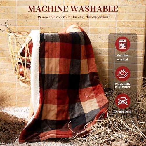 GOTCOZY Heated Blanket Electric Throw 50''X60''- Electric Throw Blanket with One Touch Button 10 Heating Level & 9 Time Settings Heating Blanket, Machine Washable (Check RedBlack) - Thumbnail 5