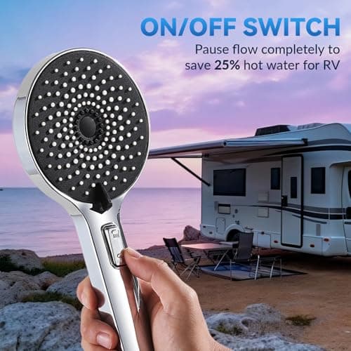 RV Shower Head with ON/OFF Switch, 5 Modes High Pressure RV Shower Head with hose, Shower Head Replcement for RV, Camper and Travel Trailer, with Adhesive Bracket, Polished Chrome - Thumbnail 3