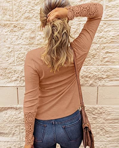 BTFBM Women Long Sleeve Shirts Spring Solid Button Up V Neck Lace Long Sleeves Slim Fit Knit Casual Fall T-Shirts 2026(Camel,XX-Large) - Thumbnail 5