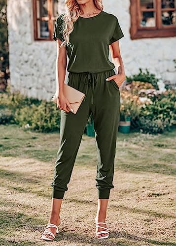 KIRUNDO Jumpsuits for Women Summer 2026 Casual Short Sleeve One Piece Outfits Drawstring Waist Long Pants Romper Jumpers(Army Green, Medium) - Thumbnail 3