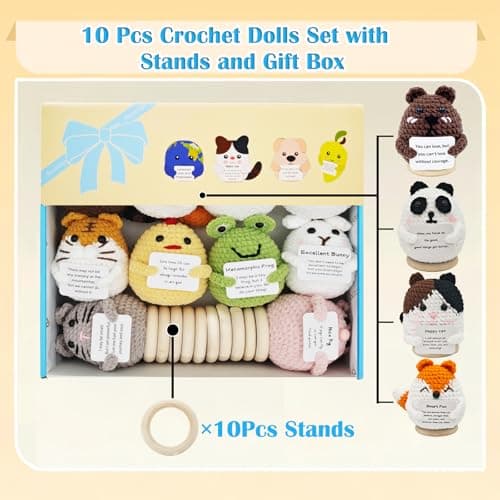 PoccroToys 10pcs Positive Mini Crochet Animals Bulk with Stand Cheer Up Support Handmade Cat Doll Friendship Birthday Gifts for Women Men Mom Funny Decor Desk Office Coworker Inspirational - Thumbnail 2