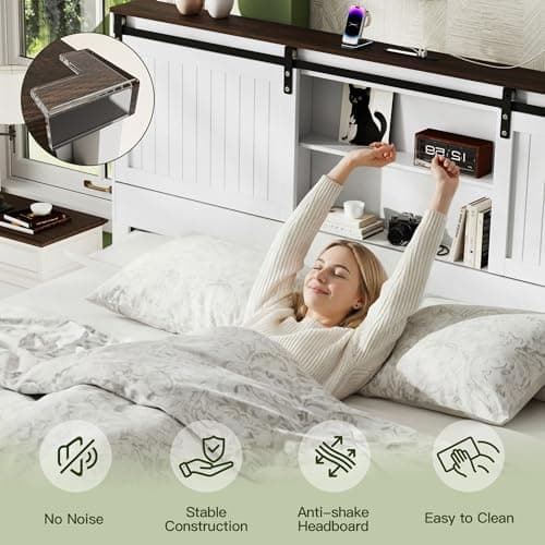 Uteeran King Size Bed Frame with Storage Headboard, Sliding Barn Door, Wood Platform Bed with Reading Light and Charging Station, Wood Slats Support, Easy Assembly, Noise-Free, Antique White - Thumbnail 6
