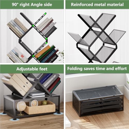 Gintan 9-Tier Space Saving Book Shelf with Storage,Bedroom Shelves Folding Bookshelves,No Installation Required Shelf Tree Metal Bookshelf for Living Room,Study,Home Office,Bed Room (Black) - Thumbnail 4