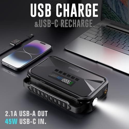 BRITDAG Portable Car Jump Starter with 150PSI Air Compressor - 2000A Peak, 12V Lithium Battery Booster, PD45W Power Bank, Emergency Tire Inflator for Cars, Trucks, RVs & Outdoor Gear - Thumbnail 6