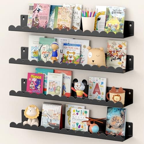 Gattlukd Floating Shelves for Wall, 23 Inch Metal Nursery Book Shelves 4 Pack, Wall Mounted Book Shelf for Kids Room, Bedroom, Bathroom, Playroom Decor (Black)