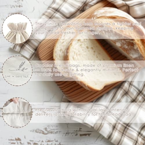 Cacolor ‌2 Pack Reusable Linen Bread Bags for Homemade Sourdough - Eco-Friendly Bread Storage with Proofing Bowl Cover | Baking Accessories & Sustainable Kitchen Essentials - Thumbnail 3