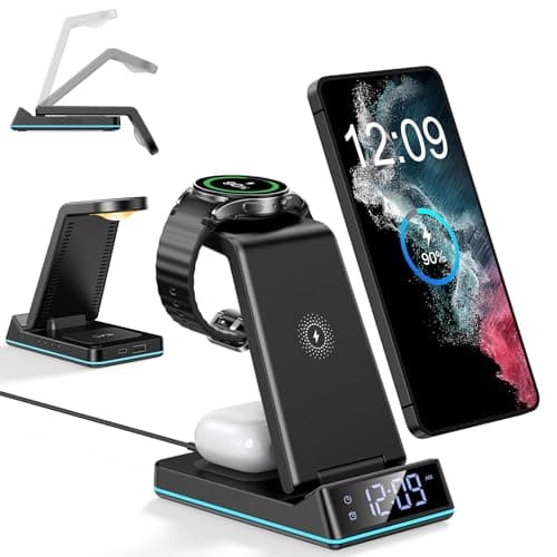 Wireless Charger for Samsung,7 in 1 Wireless Charging Station Foldable Fast Charger Stand with Night Light/Alarm Clock for Samsung Galaxy S26/S25/S24/S23/S22/S21/Galaxy Watch Ultra/8/7/6 Galaxy Buds