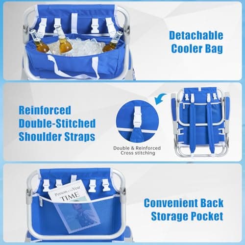 SUNNYFEEL Low Beach Chair, 5-Position Lay Flat Reclining, Backpack Portable Folding Chair with Cooler Bag & Cup Holder, Heavy Duty 350 LBS, Compact for Beach, Camping, Travel (New Blue) - Thumbnail 6