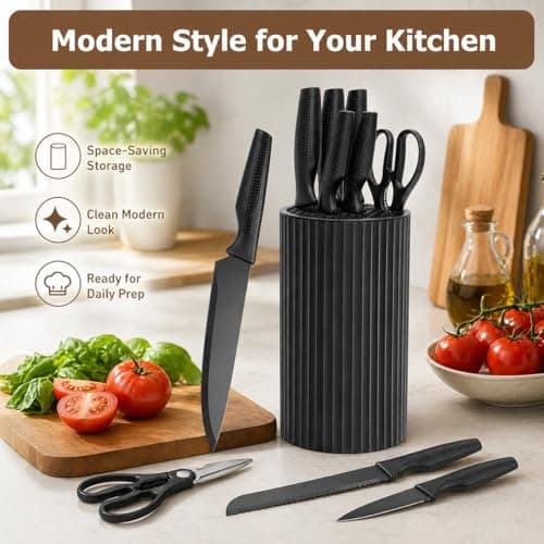 Small Knife Block Set, Modern Kitchen Knife Scissors with Universal Round Holder, Home Apartment New Kitchen Essentials, Space Saving, Dishwasher Safe(Black, 7PCS) - Thumbnail 2