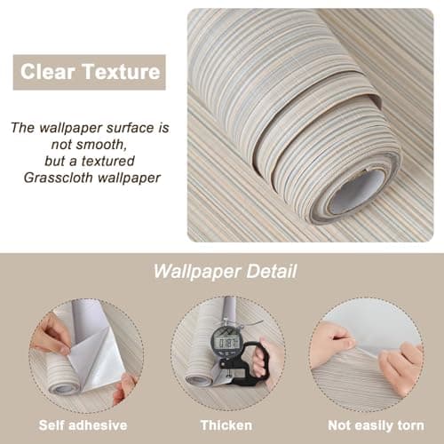 Naphite Grasscloth Peel and Stick Wallpaper Modern Textured Self-Adhesive Wallpaper Neutral Fabric Contact Paper for Cabinets Drawers Furniture Faux Linen Removable Bedroom Wall Decor 197inL 15.7inW - Thumbnail 2