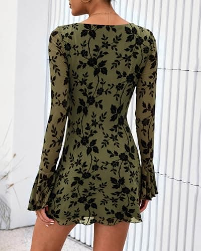 BTFBM Women Floral Wedding Guest Dress Spring 2026 Casual Long Sleeve Crew Neck Flowy Party Cocktail Mini Dresses(Floral Army Green,Large) - Thumbnail 3