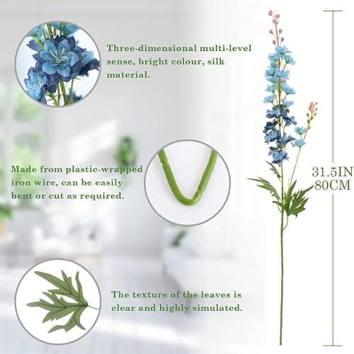 LILUYTO 6PCS Blue Delphinium Artificial Flowers, Long Stem Faux Larkspur Silk Flowers, 33.5" Bendable Fake Flowers Bouquets for Tall Vase Table Kitchen Home Offices Garden Wedding Decor - Thumbnail 2