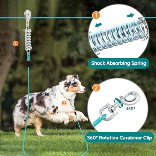 LUFFWELL 200FT Dog Runner for Yard with 15FT Tie Out Cable - Heavy Duty Trolley System for Large Dogs Up to 250LBS, Backyard/Park/Camping Use (Ice Blue, 200FT+15FT) - Thumbnail 4
