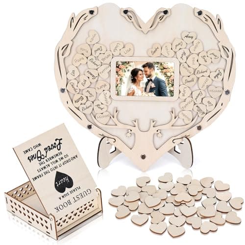 Heart Wedding Guest Book Alternative, GuestBook Wedding Reception with Photo Frame and Wooden Hearts Slices, Guest Sign-in Drop Box for Party, Wedding, Birthday Decorations Souvenirs