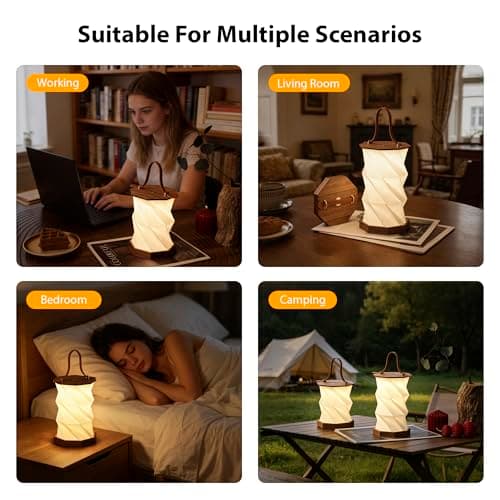 Ba sus Wooden Rotating Table Lamp, Warm Light Design with Leather Handle, Long Press Dimming Function, Built-in Battery & USB Rechargeable, Adjustable Heights for Bedroom, Living Room, Camping - Thumbnail 2