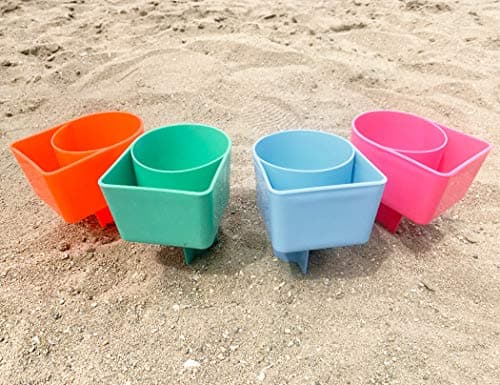 Home Queen Beach Cup Holder with Pocket, Multifunctional Sand Cup Holder for Beverage Phone Sunglass Key, Beach Accessory Drink Sand Coaster, Set of 4 (Teal, Orange, Blue and Pink) - Thumbnail 6