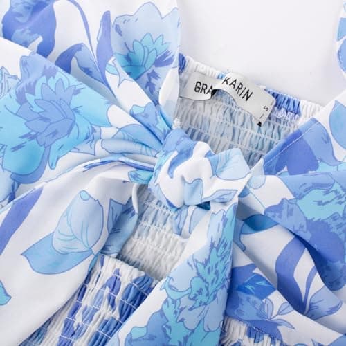 GRACE KARIN Women's 2025 Summer Boho Floral Printed Spaghetti Strap Tie Front V Neck Ruffle A Line Swing Beach Dresses - Thumbnail 2