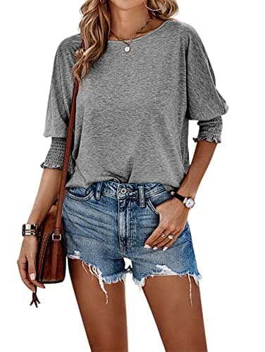 Fazortev Women's 3/4 Sleeve Casual Tops Solid Color Crew Neck Loose Fit Shirts Blouses Grey - Thumbnail 3