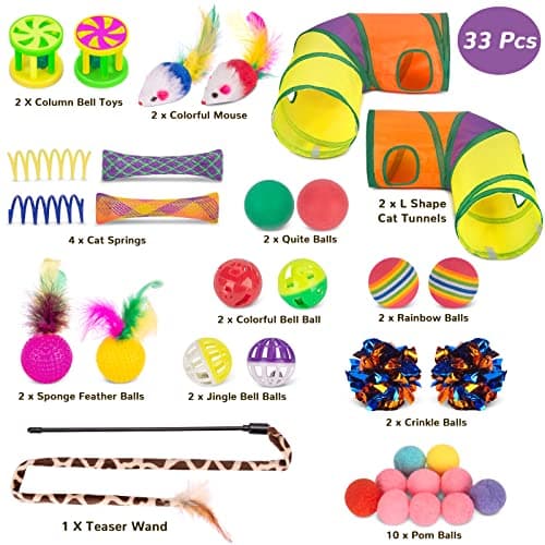 Retro Shaw 33Pcs Cat Toys, Large Cat Tunnels with Toys, Interactive Kitten Toys for Indoor Cats Kitty, Collapsible Cat Tube Tent Feather Wand Teaser Bell Fuzzy Ball Crinkly Springs Mouse - Thumbnail 2