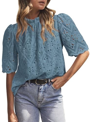 PRETTYGARDEN Summer Tops for Women 2026 Short Sleeve Embroidered Eyelet Shirts Dressy Casual Blouses Spring Fashion Clothes(Blue Grey,XX-Large) - Image 1