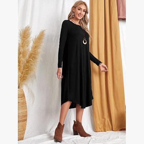 Lounge Dress for Women Long Sleeve Nightgown Midi Long Dress Loose Casual Side Slit Dresses Pocket L Black - Thumbnail 2