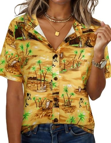 LILYCHIC Womens Short Sleeve Hawaiian Shirts V Neck Cowgirl Tshirts Button Down Summer Blouse Hawaiian Beach Outfit - Image 1