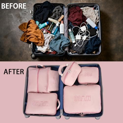 6 Set Compression Packing Cubes for Travel, Gifts for Women Mom, Anti-Tearing Suitcase Organizer for Luggage with Shoe & Hanging Toiletry Bag, Vacation Essentials & Accessories for Cruise Ship, Pink - Thumbnail 5