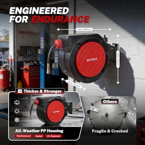 BILITOOLS Retractable Air Hose Reel, 3/8" x 100 ft Hybrid Air Hose Max 300PSI, Enclosed Air Compressor Hose Reel with Auto Rewind & 6.5 ft Lead-In Hose, 180° Swivel Wall/Ceiling Mount - Thumbnail 6