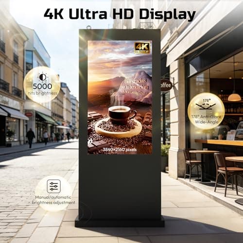 65 Inch 4K Outdoor Digital Signage, IP66 5000 Nits Auto-Brightness Adjustment Floor Standing Kiosk, CMS/WiFi/HDMI/USB Input, Multifunctional Advertising Display for Business Advertisement - Thumbnail 3