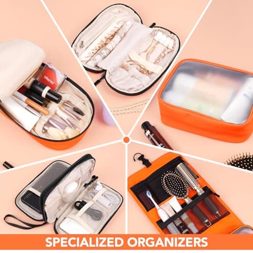 Idcymoul Travel Toiletry Bag 5-Piece Kit, Hanging Toiletries Bag+TSA Approved Cosmetic Bag+Jewelry Bag+ Brush Bag+Cable Bag, Professional Travel Essentials Accessories Organizer for Women - Orange - Thumbnail 4