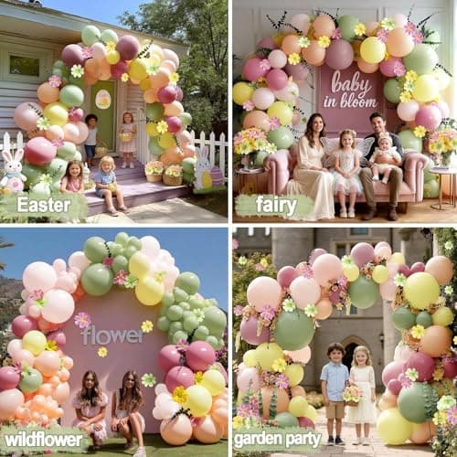 Pastel Pink Yellow Green Balloon Arch with Artificial Flower Double Stuffed Dusty Green Pink Peach Mauve Balloon Garland Kit for Tea Party Wildflower Spring Birthday Baby Shower Fairy Party Decor - Thumbnail 6