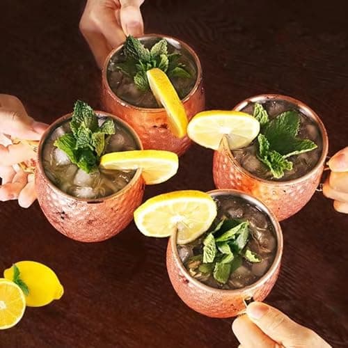 TJ Moscow Mule Mugs Set of 4, Rose Hammered Mule Cup 17 oz, Stainless Steel Lining Brass Handles Mug Set, Copper Mugs, Mule Mugs, Moscow Mule Kit Gift for Cold Drinks Cocktail Beer Wine Party Bar - Thumbnail 6