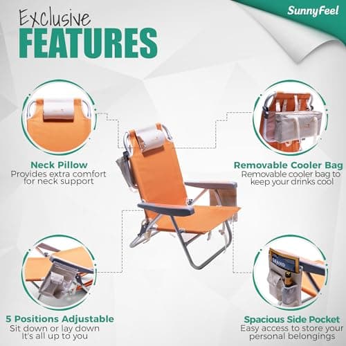 SUNNYFEEL Low Beach Chair, 5-Position Lay Flat Reclining, Backpack Portable Folding Chair with Cooler Bag & Cup Holder, Heavy Duty 350 LBS, Compact for Beach, Camping, Travel - Thumbnail 6