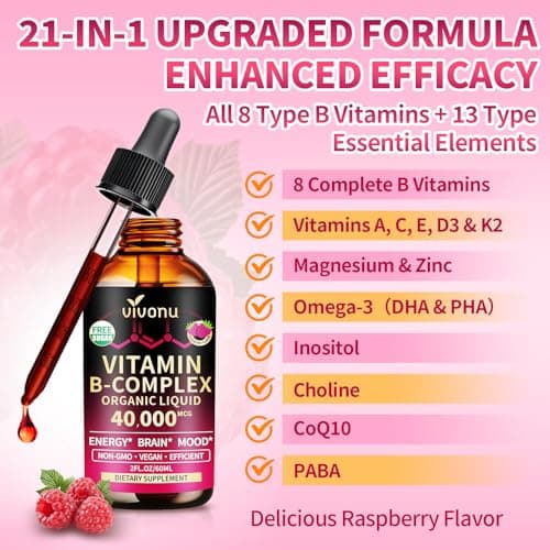VivoNu Vitamin B Complex Liquid Drops, Methylated Vitamin B12 6000 mcg, B1, B6, B3, B5, B2, Folate, Biotin, Magnesium, Zinc, CoQ10 for Metabolism* & Energy Support, Raspberry Flavor - 2 Bottle - Thumbnail 4