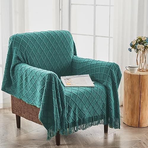 inhand Knitted Throw Blankets for Couch and Bed, Soft Cozy Knit Blanket with Tassel, Blue Lightweight Decorative Blankets and Throws, Farmhouse Warm Woven Blanket for Men and Women, 50"x60" - Thumbnail 4