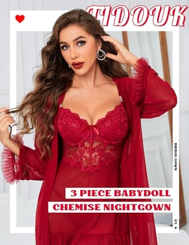 Tidouk Women Sexy Lingerie Set 3 Piece Lace Babydoll Lingerie Dress with Mesh Kimono Robe Nightwear(Wine Red, Large) - Thumbnail 3