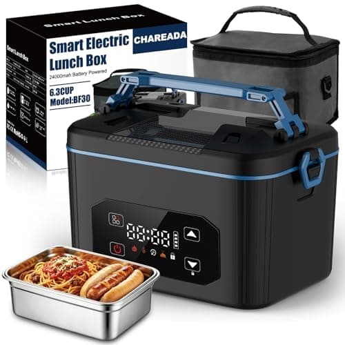 CHAREADA Electric Lunch Box, 24000mAh Battery Powered Heated Lunch Box, 6.3 Cups Portable Food Heater with 5-Side Heating & Intelligent Temperature Control, Suitable for Trucks, Offices