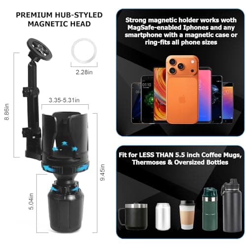 Frani Car Cup Holder Expander with Magnetic Phone Mount - Adjustable Insert Fits 2.68-4.33" Holders, 360° Gooseneck & Strong N52 Magnets for iPhone Samsung - Thumbnail 3