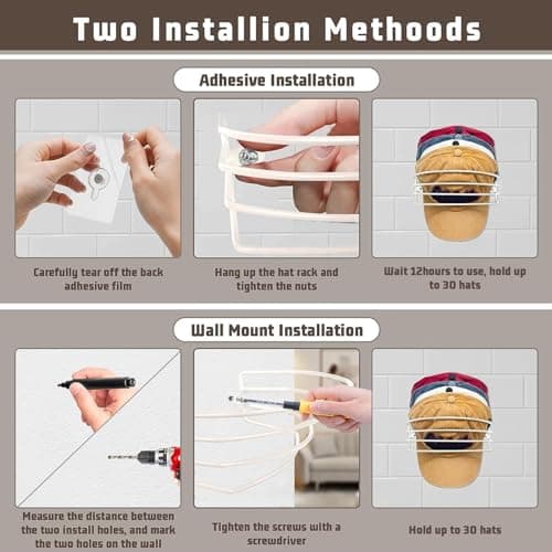 Fikoksol Hat Rack for Baseball Cap, Wall Mounted & Adhesive Hat Storage - Thumbnail 5