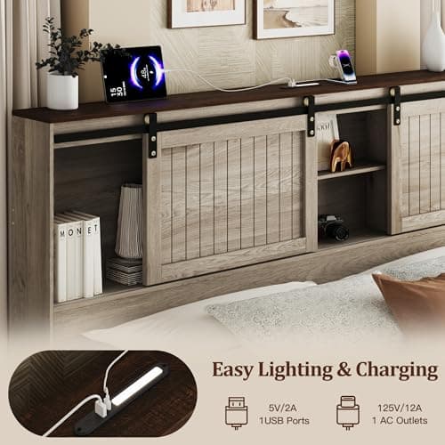 Uteeran King Size Bed Frame with Storage Headboard, Sliding Barn Door, Wood Platform Bed with Reading Light and Charging Station, Wood Slats Support, Easy Assembly, Noise-Free, Light Rustic Oak - Thumbnail 4